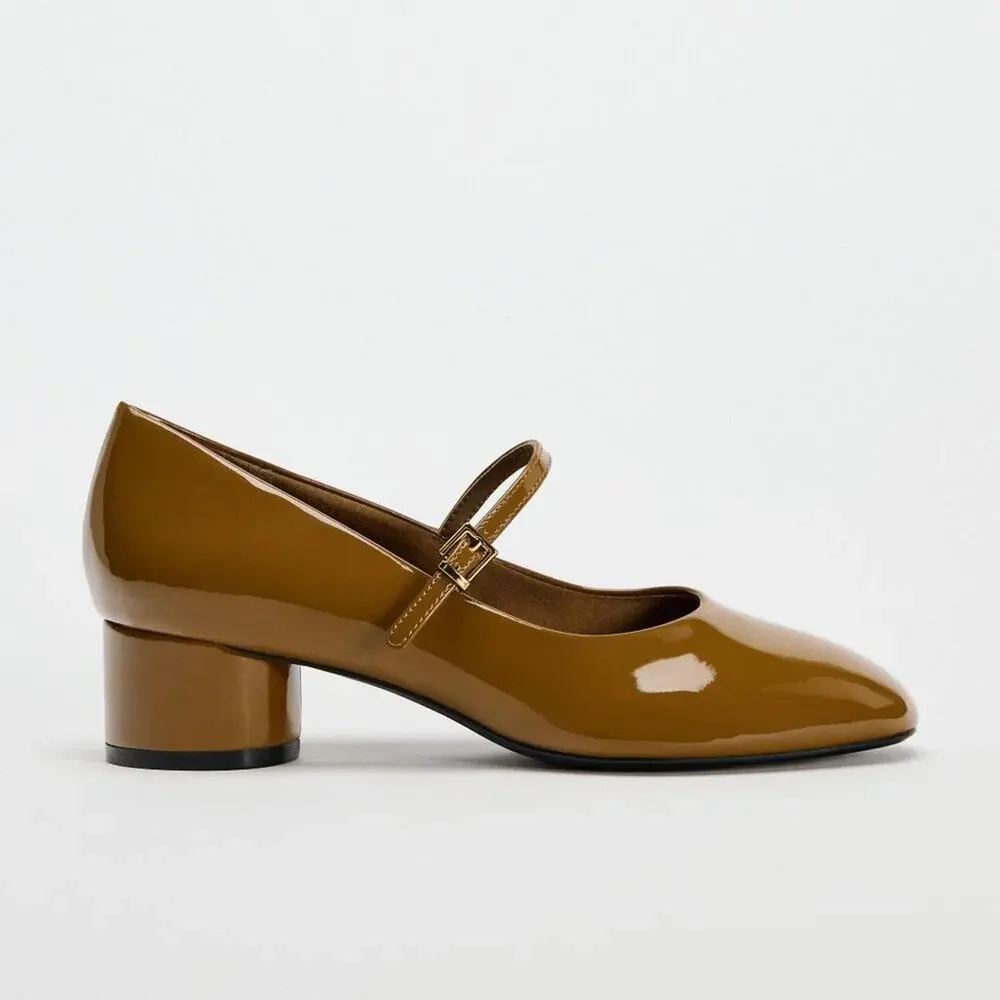 ZARA Mary Jane Patent Heels NWT – Ochre Buckled Block Heels, Size 8 & 9 - Picture 10 of 16